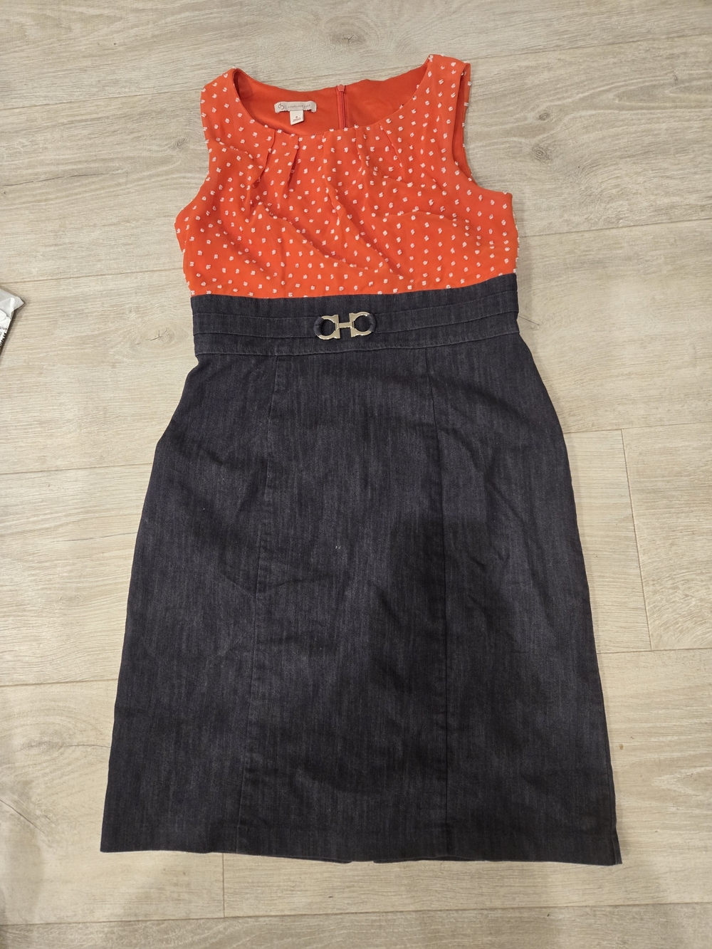 Girls Polka Dot Orange & Dark Denim Colorblock Dress